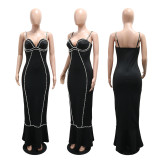 Women Sexy Beaded Strap Sleeveless Slim Fit Long Dress