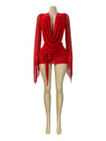 Women Mesh See-Through Halter Neck Backless Bell Bottom Sleeve Bodycon Dress