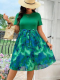 Summer Plus Size Women Round Neck Short Sleeve Tie A-Line Dress