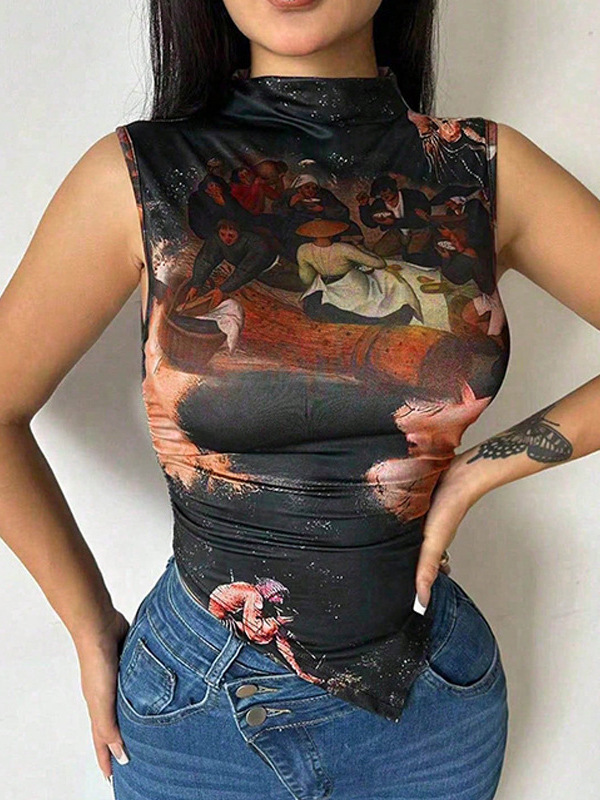 Printed Sleeveless Irregular Hem Top for Casual Outings