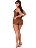Women Pu-Leather Stand Collar Zipper Sleeveless Top and Shorts Two-Piece Set