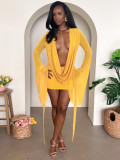 Women Mesh See-Through Halter Neck Backless Bell Bottom Sleeve Bodycon Dress