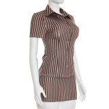 Women Spring/Summer Turndown Collar Striped Button-Down Shirt and Skirt Two-Piece Set