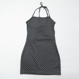 Spring Women Sexy Polka Dot Halter Lace-Up Low Back Mini Dress