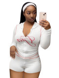 Women Printed Hooded Long-Sleeve Shorts Thumb Buckle Top and Shorts Two-Piece Set