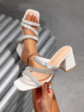 Women Square Toe Rhinestone Strap High Heel Sandals
