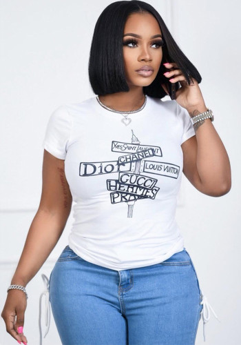 Women Summer Printed Round Neck Short-Sleeve Casual T-Shirt