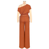 Women Fashion Off Shoulder Pleated Wide Leg Two Piece Pants Set
