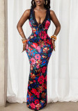 Women summer sexy V-necklace patchwork printed sleeveless floral bodysuit dress