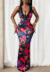 Women summer sexy V-necklace patchwork printed sleeveless floral bodysuit dress