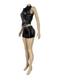 Women Pu-Leather Stand Collar Zipper Sleeveless Top and Shorts Two-Piece Set