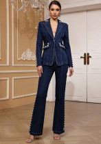 Women dark blue denim pearl studded blazer bell bottom pant two-piece set Women dark blue denim pearl studded blazer bell bottom pant two-piece set