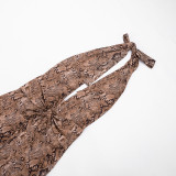 Women Sexy Snake Print Halter Deep V Low Back Lace-Up Jumpsuit