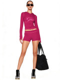 Women Printed Hooded Long-Sleeve Shorts Thumb Buckle Top and Shorts Two-Piece Set