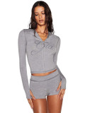 Women Printed Hooded Long-Sleeve Shorts Thumb Buckle Top and Shorts Two-Piece Set