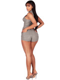Women Pu-Leather Stand Collar Zipper Sleeveless Top and Shorts Two-Piece Set