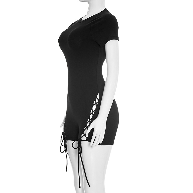 Ribbed Zipper Cross-Tie Romper Jumpsuit for Spring & Summer