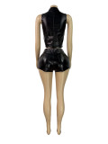Women Pu-Leather Stand Collar Zipper Sleeveless Top and Shorts Two-Piece Set