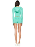 Women Printed Hooded Long-Sleeve Shorts Thumb Buckle Top and Shorts Two-Piece Set