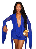 Women Mesh See-Through Halter Neck Backless Bell Bottom Sleeve Bodycon Dress