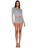 Women Printed Hooded Long-Sleeve Shorts Thumb Buckle Top and Shorts Two-Piece Set