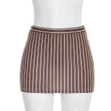 Women Spring/Summer Turndown Collar Striped Button-Down Shirt and Skirt Two-Piece Set