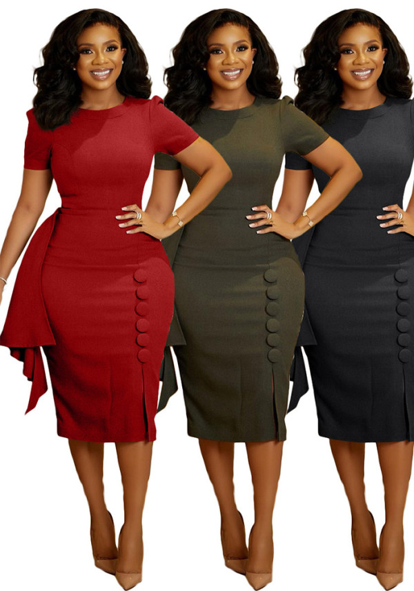 Women Spring/Summer Short-Sleeve Round Neck Ribbon Button Slit Bodycon Dress