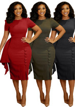 Women Spring/Summer Short-Sleeve Round Neck Ribbon Button Slit Bodycon Dress Women Spring/Summer Short-Sleeve Round Neck Ribbon Button Slit Bodycon Dress