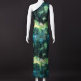 Women Summer Elegant Slash Shoulder Printed Dress
