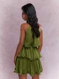 Women Summer Halter Neck Sleeveless Tulle Ruffle Elegant Dress