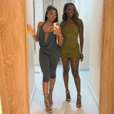 Women Spring Sexy Drop Neck Tie-Neck Top and Pant Two-Piece Set