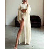 Women Casual Holidays Crop Top Slit Skirt Two-Piece Set