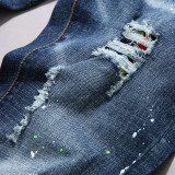 Men's Ripped Embroidered Stretchy Denim Trousers