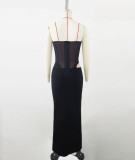 Women black backless slit mesh bandage Maxi Dress