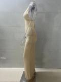 Women sexy hollow-out Lace-Up Halter Neck Patchwork Maxi Dress