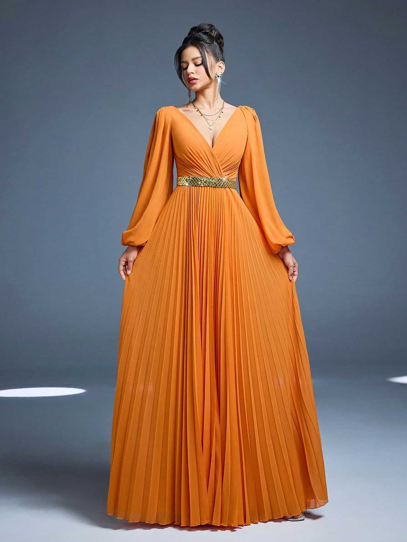 V-Neck Long-Sleeved Elegant Dress for Evening Events
