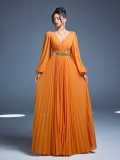 Women V-Neck Long-Sleeved Elegant Evening Dress