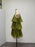 Women Summer Halter Neck Sleeveless Tulle Ruffle Elegant Dress