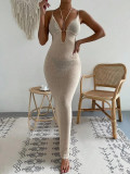 Women sexy hollow-out Lace-Up Halter Neck Patchwork Maxi Dress