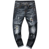Men's Ripped Embroidered Stretchy Denim Trousers