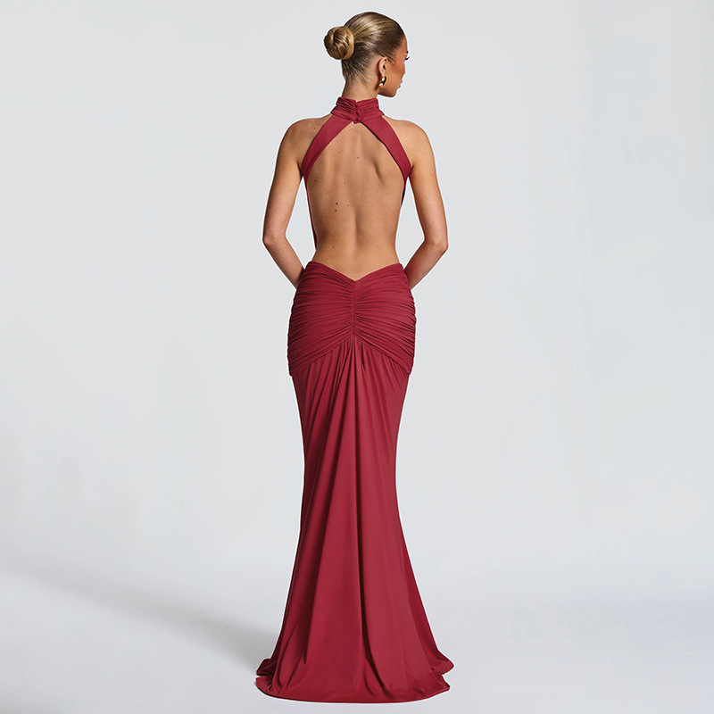 High-Neck Sleeveless Backless Pleated Dress for Summer Outings