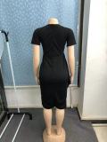 Women Spring/Summer Short-Sleeve Round Neck Ribbon Button Slit Bodycon Dress