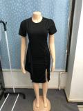 Women Spring/Summer Short-Sleeve Round Neck Ribbon Button Slit Bodycon Dress