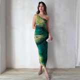 Women Summer Elegant Slash Shoulder Printed Dress