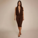 Women Spring Sexy Studded Halter Neck Backless 3/4 Jumpsuit