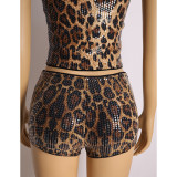 Women Leopard Print Sequin Shorts Sexy Bodycon Stretchy Shorts