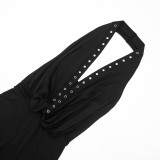 Women Spring Sexy Studded Halter Neck Backless 3/4 Jumpsuit