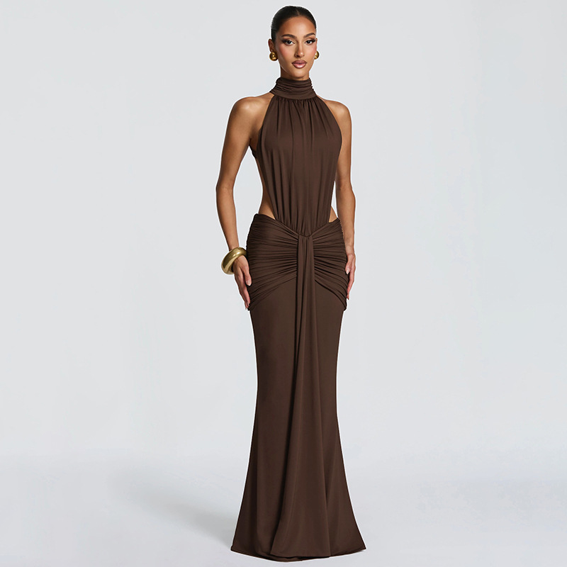 High-Neck Sleeveless Backless Pleated Dress for Summer Outings