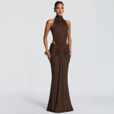 Women Summer High-Neck Sleeveless Backless Pleated Casual Sexy Dress