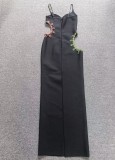 Women black camisole with asymmetrical red and green gemstone slit backless bandage Maxi Dress